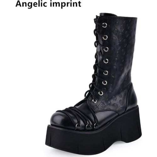 Angelic imprint mori girl Women motorcycle punk boots lady lolita middle Boots woman high heels pumps shoes print skull 8cm lace