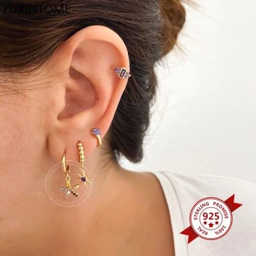 925 Sterling Silver Ear Buckle Starfish Hoop Earrings for Women Pave Crystal Five-pointed Star Earrings Simple Fashion Jewelry