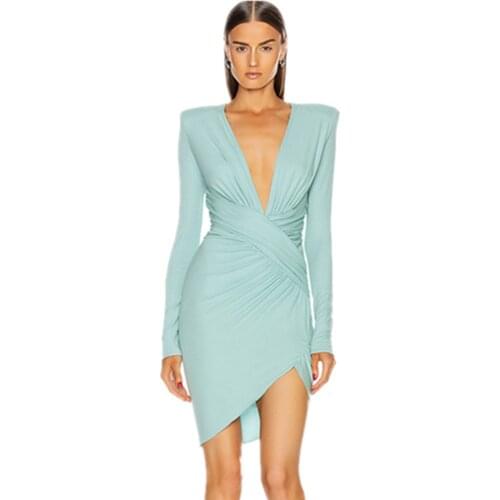 Women Winter Sexy Long Sleeve Deep V Neck Draped Sky Blue Fashion Lady Dress 2021 Designer Fashion Evening Party Dress Vestido