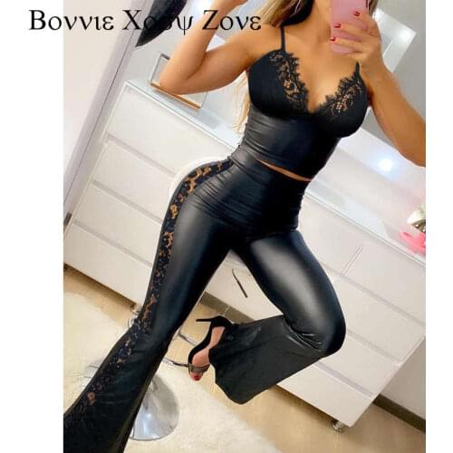 Women V-Neck Autumn Spring Eyelash Lace Sleeveless PU Leather Spaghetti Strap Crop Top & Flared Pants Set Suit Set