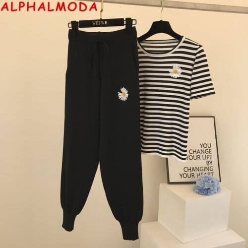 ALPHALMODA 2020 Summer Trendy Daisy Embroidered Striped Short-Sleeved Tops + Black Pants Women Casual 2pcs Tracksuit