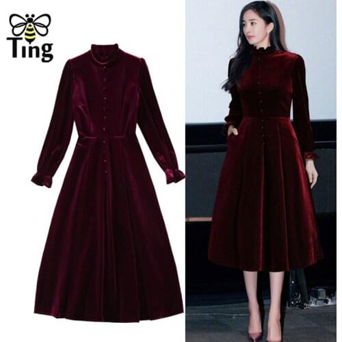 Tingfly Vintage Elegant Velvet A Line Dress Women Fashion Midi Long Winter Autumn Vestidos Lady Office Work Elbise Trendy Clothe