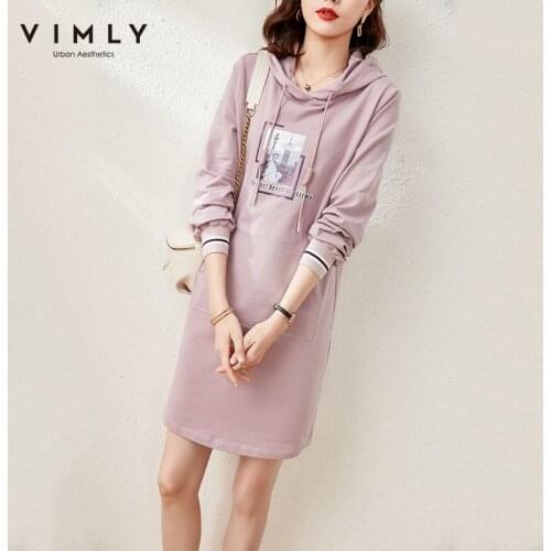Vimly Hoodies Dress For Women Spring Causal Hooded Printed Full Sleeve Straight Sweatshirt Dress Fashion Female Dress F6653