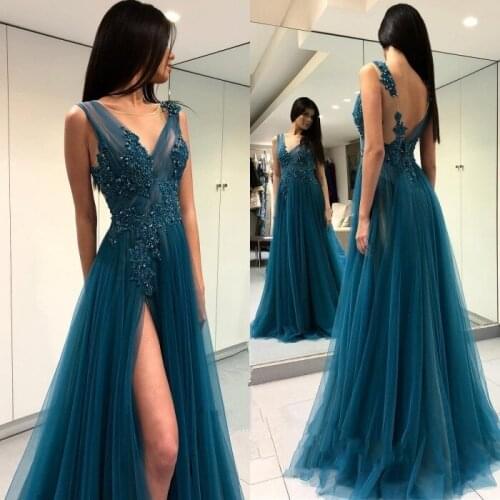 Sexy Teal Green Evening Dresses 2020 robe de soiree Open Back Side Split Formal Women Gowns Arabic A Line Special Occasion Dress