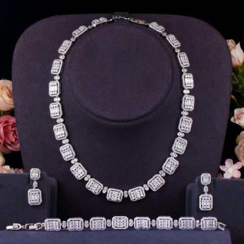 2021 new fashion vintage crystal square CZ zircon gold necklace earring bracelet wedding bride Banquet dressing jewelry set