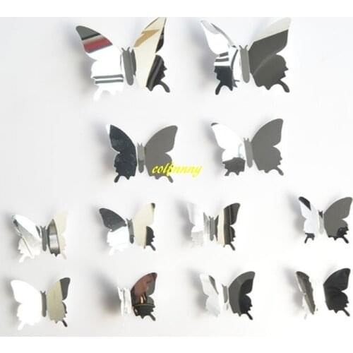 500sets/lot DIY 12pcs/set Mirror 3D Butterflies Wall Stickers Home Decor Wall Decals Kids Room Kitchen Wall Sticker B5301