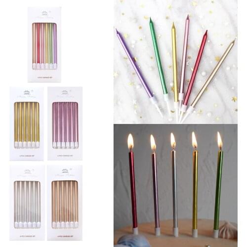 6pcs Metallic Birthday Candles Tall Cake Toppers Thin Wedding Party Anniversary Photo Props