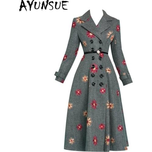 AYUNSUE Winter Long Coat Women Embroidery Wool Coat Vintage Woolen Jacket Women Overcoat Abrigos Mujer Invierno 2020 KJ358