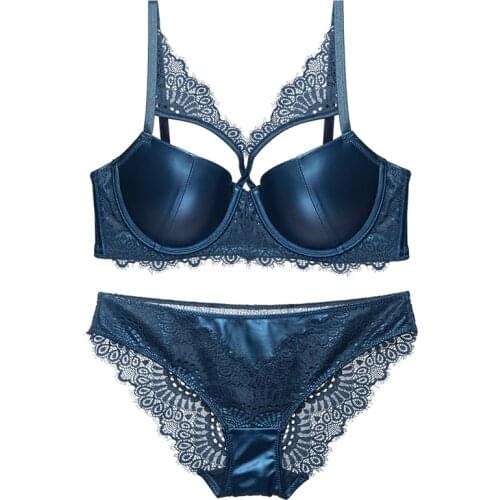 Bra Set Push Up Solid Padded Cup PU Leather Eyelash Lace Decoration Underwired Sexy Lingerie For Women