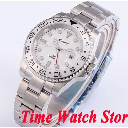 Bliger 40mm GMT mechanical Automatic watch men waterproof steel bracelet white dial luminous saphire glass Ceramic Bezel 191