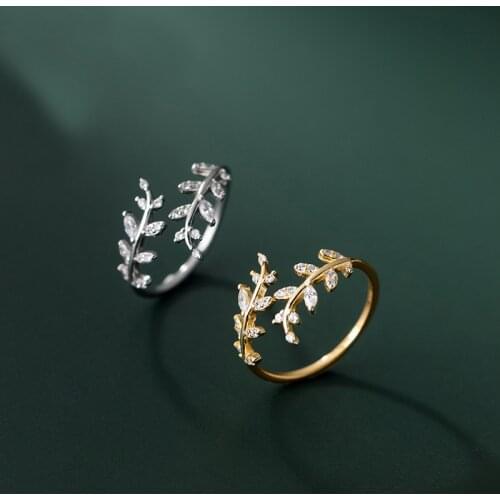 MloveAcc 925 Sterling Silver Open Rings for Women Korean Sweet Temperament with Zircon Leaf Shiny Crystal Stone Hand Jewelry