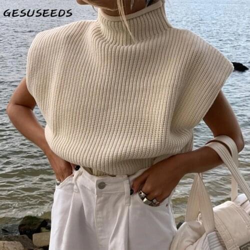 Fashion sweater turtleneck women pullover sleeveless knitted sweater oversized shoulder pad sweater black apricot pullover red