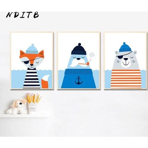 Cartoon Animal Bear Fox Wall Art Canvas Poster Sea Style Minimalist Print Painting Nordic Kids Decoration Pictures Bedroom Decor