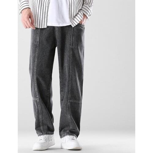 2021 Autumn New Mens Smoky Grey Baggy Jeans Streetwear Korean Style Elastic Waist Straight Wide Leg Pants Male Brand Clothes