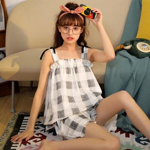 New Sexy Sleeveless Summer Pyjamas Women Vest Cotton Pajamas Suit Home Service Outside Wear Clothes Students Pijama Set