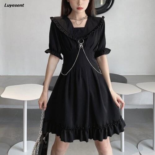 Solid Black Gothic Plus Size Girl Dress Ruffles Punk Dark Goth Mini Lady A-line Dresses Metal Long Chain Korean Fashion Cloth