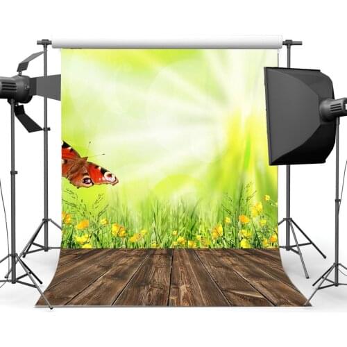 Nature Spring Backdrop Butterfly Blooming Fresh Flowers Green Grass Blurry Wallpaper Field Wood Floor Photography Background