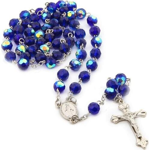 QIGO Long Crystal Rosary Necklace Virgin Jesus Christ Long Cross Necklace Religious Jewelry Gifts