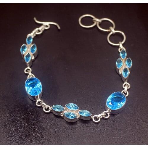 Glowing Shiny New BlueTopaz Silver Color Charms Links Bracelets For Women 8.5 Inch HD727