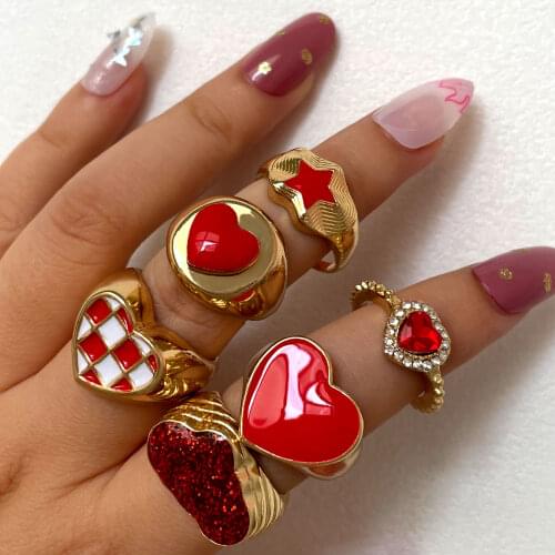 Punk Vintage Love Heart Finger Rings For Women Red Color Rhinestone Chunky Ring Female Fashion Hip Hop Party Jewelry 2021 Korea