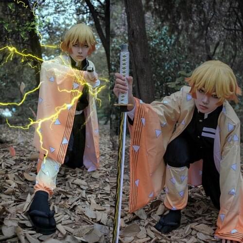 Anime Cosplay Demon Slayer Agatsuma Zenitsu Costume Japanese Kimono Halloween Suits Full Sets For Men /Women Wig and Geta