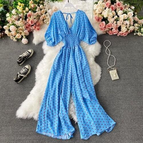 2021 Sexy Dot Print Jumpsuits Women Summer Casual Puff Sleeve V Neck High Waist Playsuit Ladies Loose Elegant Straight Jumpsuit