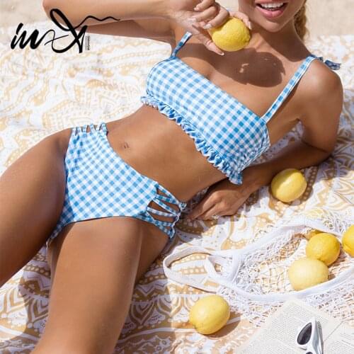In-X Blue plaid swimwear female Bandeau swimsuit women Ruffle bikini set High waist Bandeau bathing suit Sexy Knot 2 pieces set