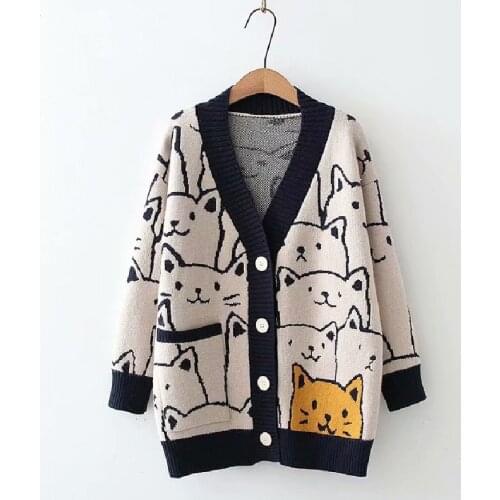 Fashion Cartoon V-neck Cardigan Sweater Women 2021 Autumn Winter New Cute Cat Retro Professional Long-sleeved Knitted Coat
