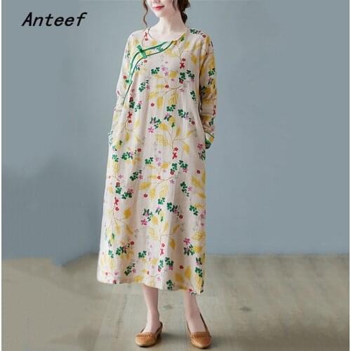 Anteef long sleeve plus size cotton linen vintage floral dresses for women casual loose pring autumn dress elegant clothing 2021
