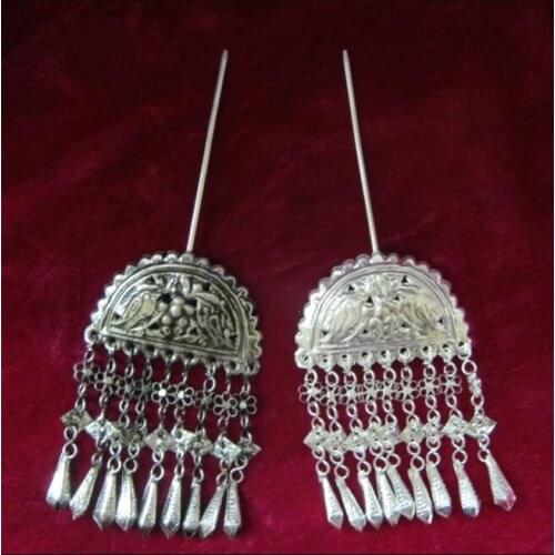 Costume Chinese clothing accessories handmade Miao silver hair ornaments step shake hairpin hairpin double bird flow hairpin