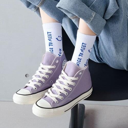 White Socks Female 2021 Spring and Autumn Sports College Style Korean Japanese Smiley English Personality Cotton Pile Socks