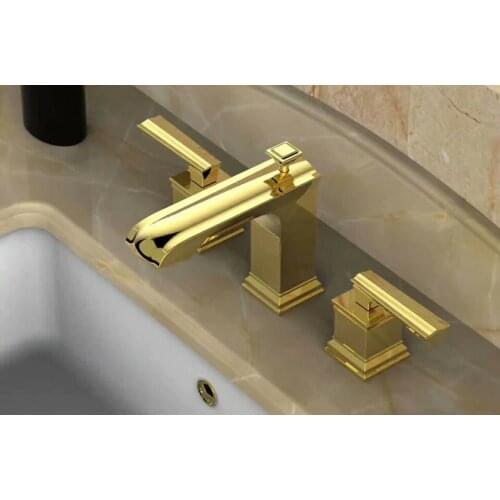 Free ship PVD GOLD 8" Widespread Ceramic Valve Three Holes 3 Pcs lavatory Bathroom Sink Faucet Mixer tap square design