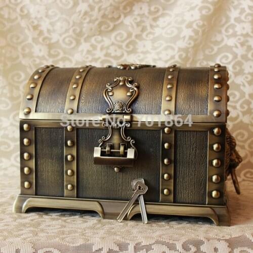 Bronze Color Super Big Size Pirates of the Caribbean Treasure Box Chest Vintage Home Decor 2 Layers Jewelry Case Christmas Gift