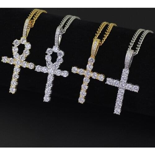 Hip Hop Copper Material CZ Egyptian Key Of Life Pendant Necklace Gold Silver Color Crystal Cuban Chain Men Women Charm Jewelry