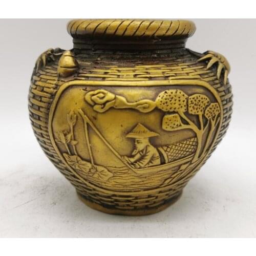 China brass archaize old man fishing recruit wealth Fish basket crafts statue