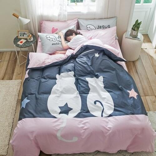 Two Cats Cartoon Pattern 100% Beding Set Cotton Pillowcase of Flatsheet Quilt Cover Adult Child Size