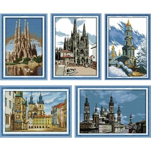 Joy Sunday Cross Stitch Kits Stamped European Old Castle Embroidery 11CT 14CT Counted Printed Needlework Decoration Art Gift Set
