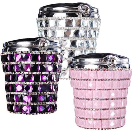 Rhinestones Portable Car Ashtray With Light Crystal Diamond Led Car Ash Tray Ashtray Storage Cup Holder Black For Girls Woman