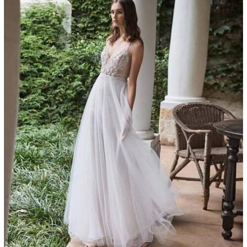 See Through Beach Wedding Dresses Robe Mariage Customize Bride Dress Deep-V Appliques Lace Boho Wedding Gown