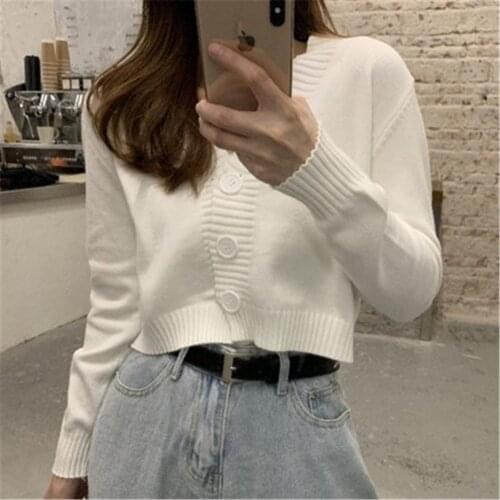 Ladies button V-neck pullover sweater womens fall winter 2021 new outer solid color cardigan long-sleeved short knitted tops