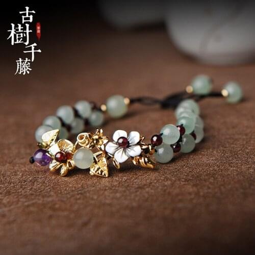 Retro Natural Dongling Jade Flower Adjustable Bracelet Charm Jewellery Fashion Hand Knitted Amulet Gifts Women Luck Bangle Gifts