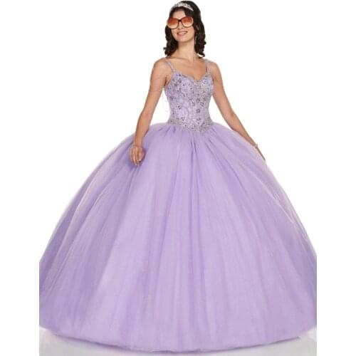 Luxury Beading Organza Ball Gown Quinceanera Dresses 2021 Lilac Champagne Prom Party Dress Vestidos De 15 Anos Spaghetti Straps