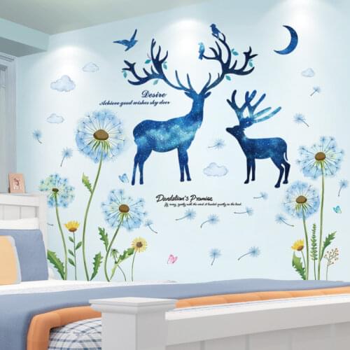 [shijuekongjian] Blue Dandelions Flowers Wall Sticker DIY Deer Animal Wall Decals for Kids Room Baby Bedroom House Decoration