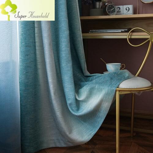 Blue Stripe Gradient Curtains Cotton and Linen Blend Physical Tulle Curtain for Living Room Bedroom Shading Cloth
