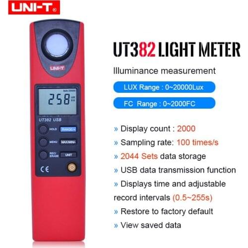 UNI-T UT382 Luxmeter Digital Light Meter 20-20000 Lux Lumen Digital Illuminometer USB Transfer
