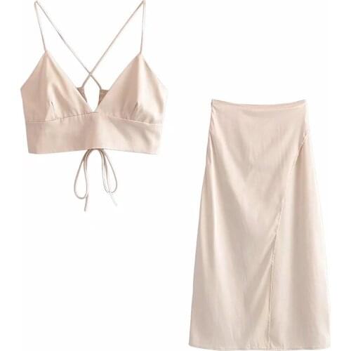 Xikom 2021 Women New Summer Two-Piece Set Vintage Satin Apricot Slim Tank Top Female Streetwear High Waist Split Skirt Set