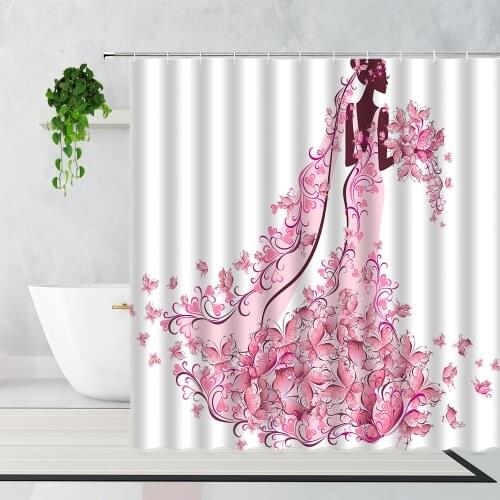 Pink Flowers Girl Shower Curtain Fashion Romantic Sexy Beauty Bathroom Decoration Waterproof Bath Curtains With Hooks Washable