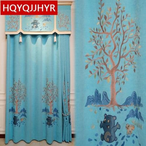 Modern Pastoral Luxury Cartoon Embroidered Blackout Curtains For Kids Room Bedroom With High Quality Voile Curtain For Girl Room