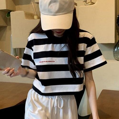 Summer Tee Shirt Women Harajuku Striped Loose Short Sleeve Female T-shirt Tops M-2XL