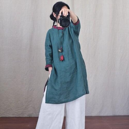 Women Loose Spring Summer Long Blouse Ladies Ramie Shirt Female 2021 Retro Ramie Tops